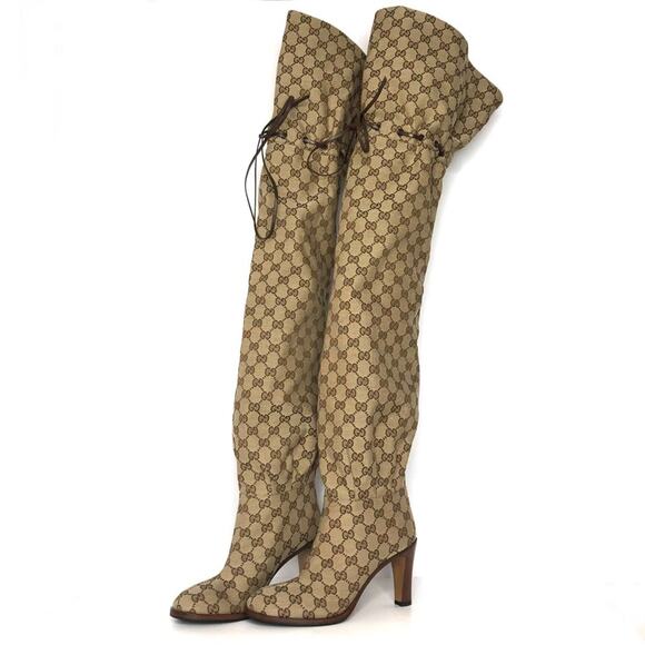 Gucci Thigh High GG Monogram Slouch Heeled Boots 37 - Picture 1 of 9